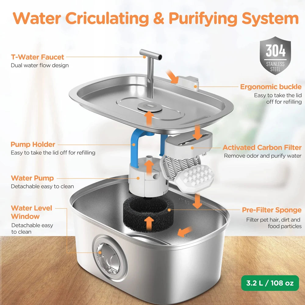 Automatic Cat Water Fountain - 3.2L Stainless Steel Pet Water Dispenser