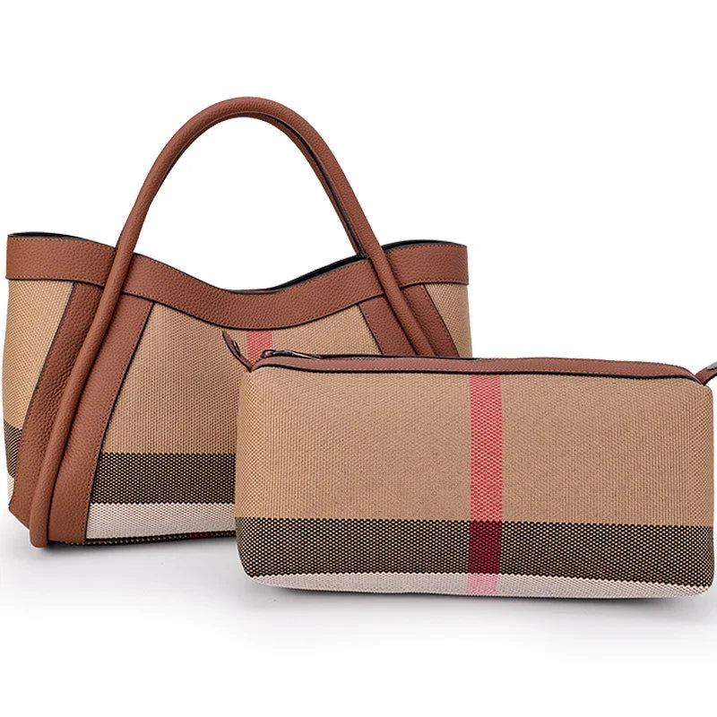 Retro Striped Canvas Tote Bag - Large Leather Cross body Messenger Bag