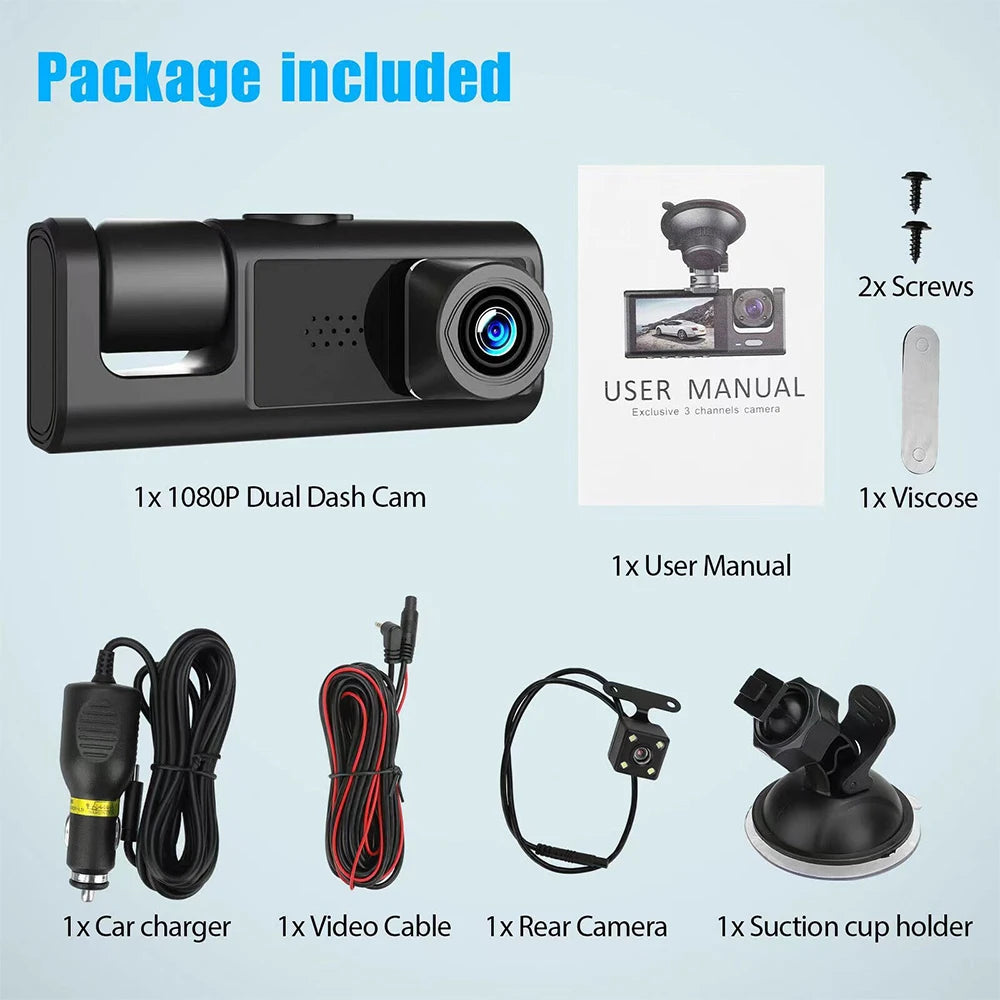 1080P Car Dash Cam - 3 Channel DVR with Night Vision & 32GB Loop Recording