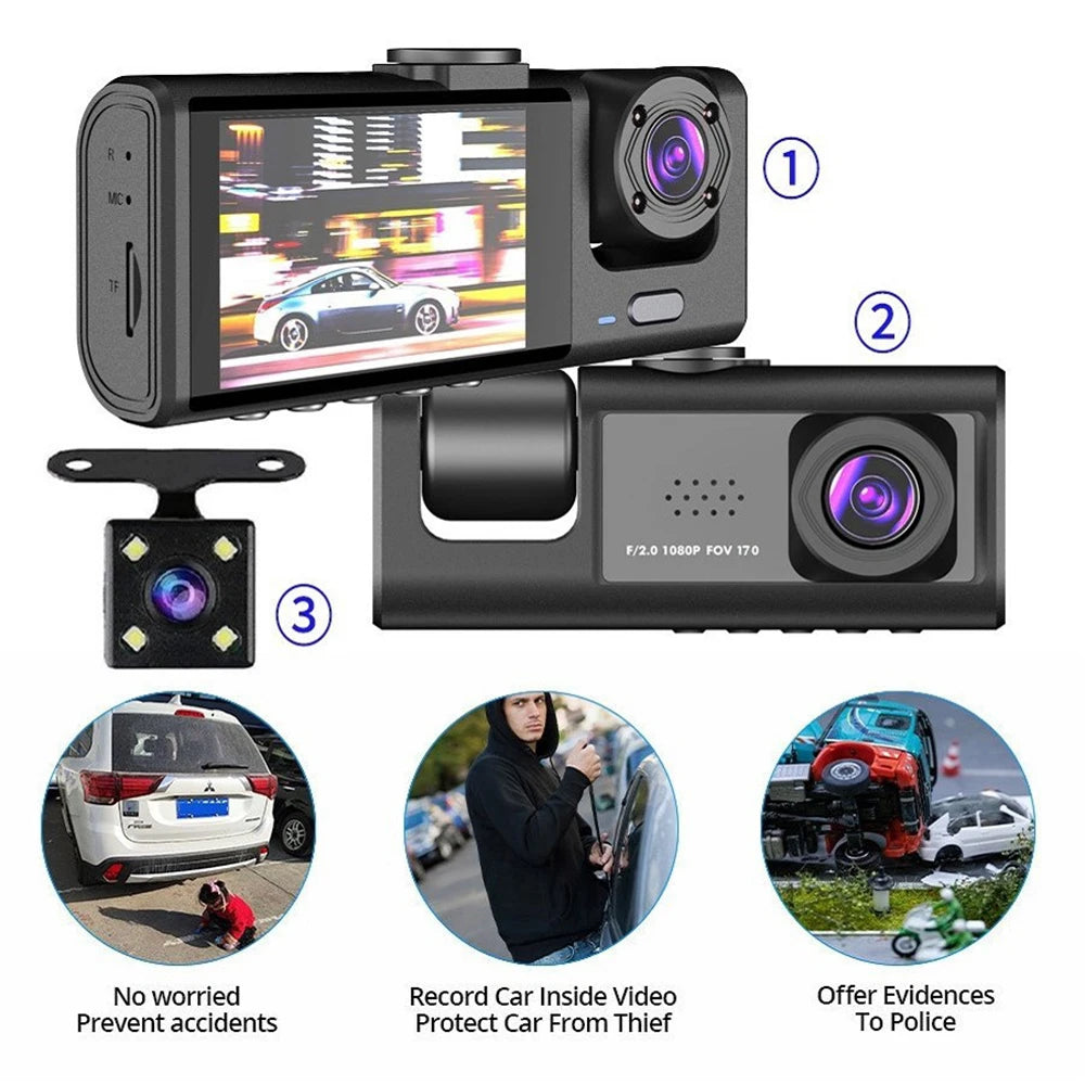 1080P Car Dash Cam - 3 Channel DVR with Night Vision & 32GB Loop Recording