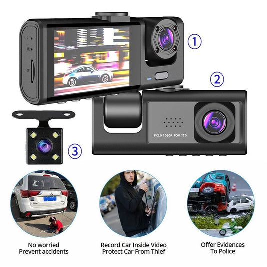 1080P Car Dash Cam - 3 Channel DVR with Night Vision & 32GB Loop Recording