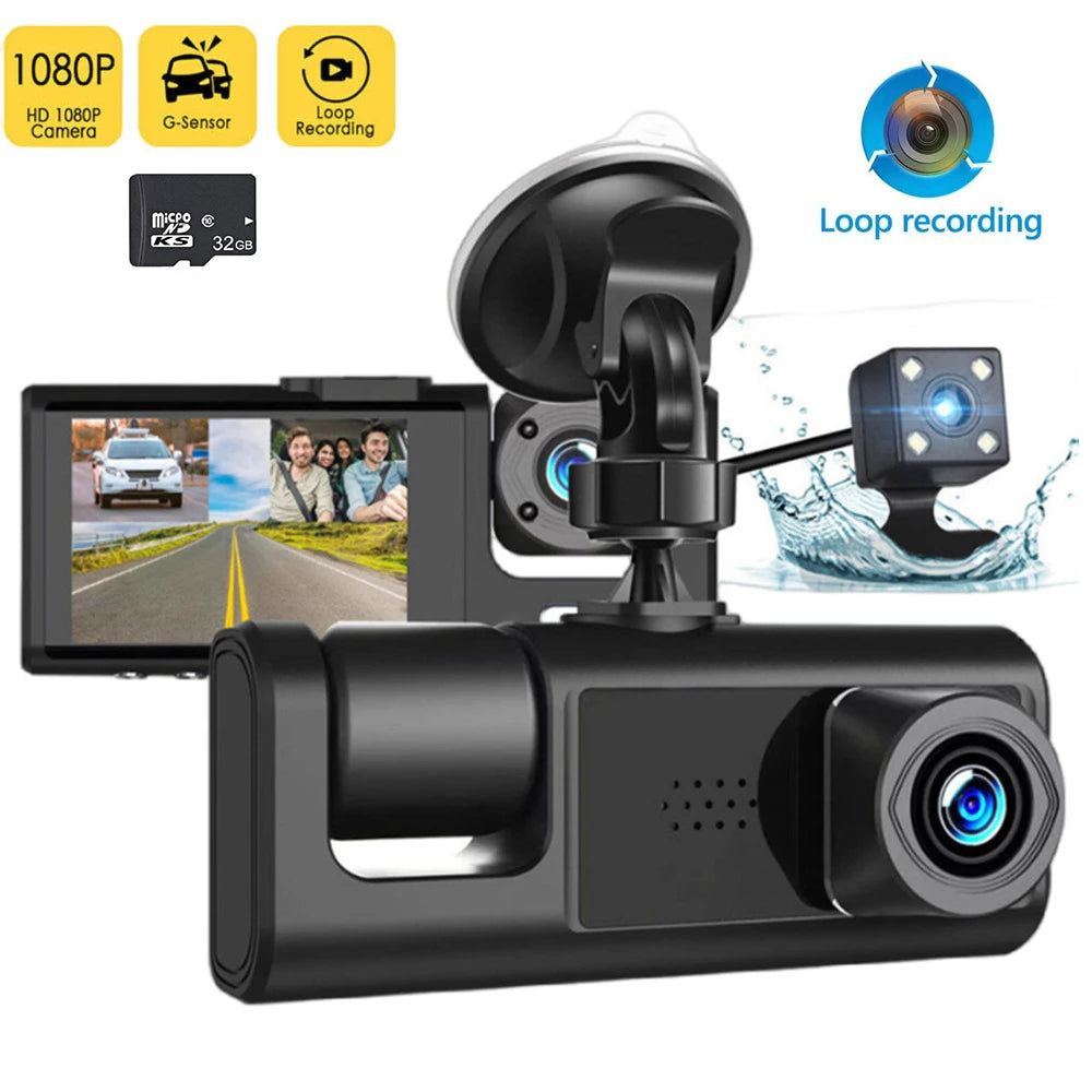 1080P Car Dash Cam - 3 Channel DVR with Night Vision & 32GB Loop Recording