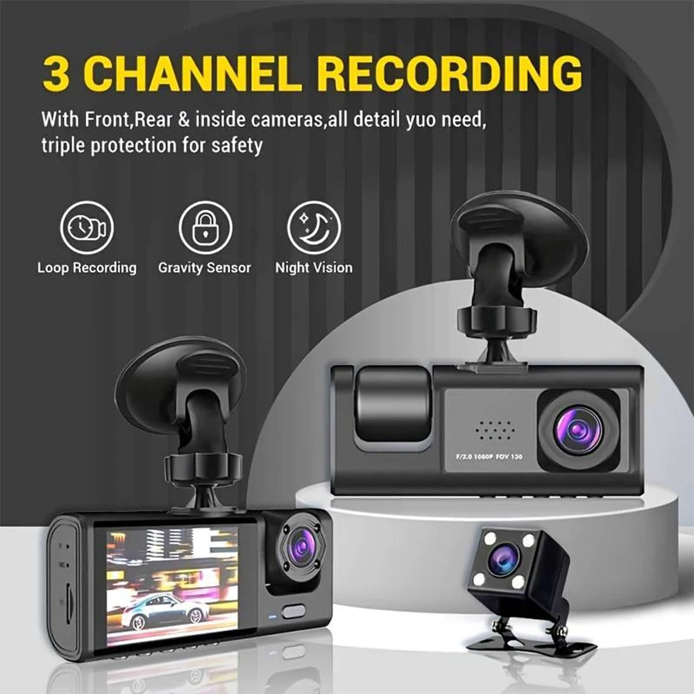 1080P Car Dash Cam - 3 Channel DVR with Night Vision & 32GB Loop Recording