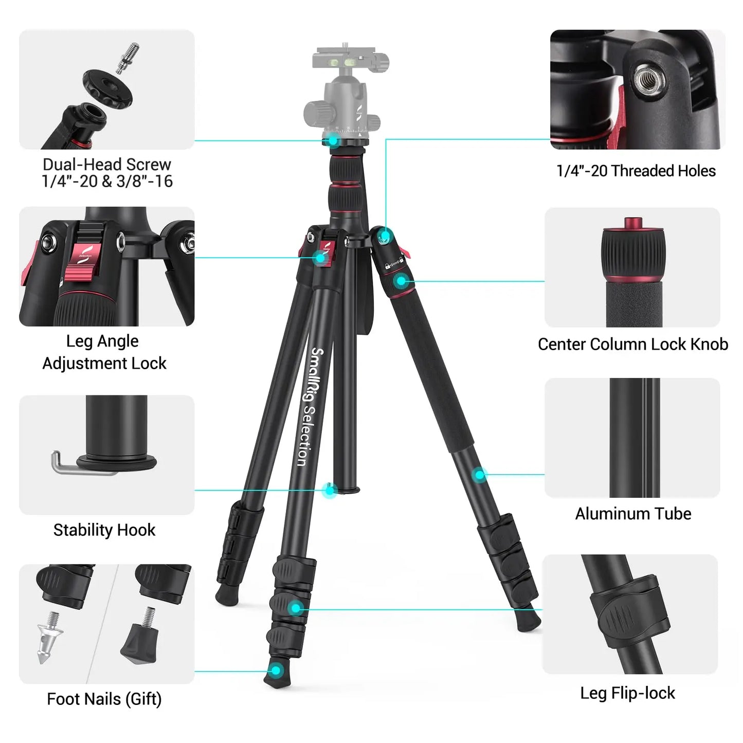 SmallRig T-10 Aluminum Tripod - Compact Lightweight Foldable Tripod 15kg Load Capacity