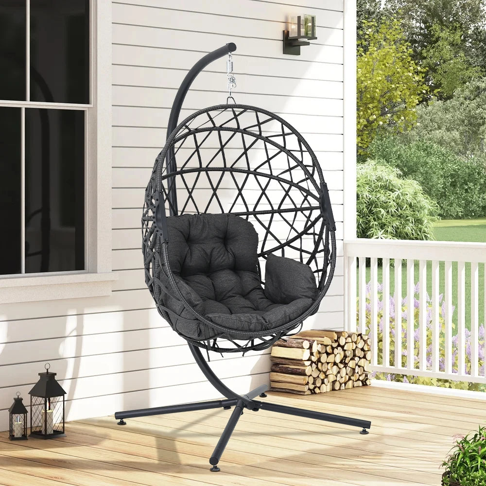Woven Hanging Egg Chair - Indoor Outdoor Swing Chair with Stand and Cushions