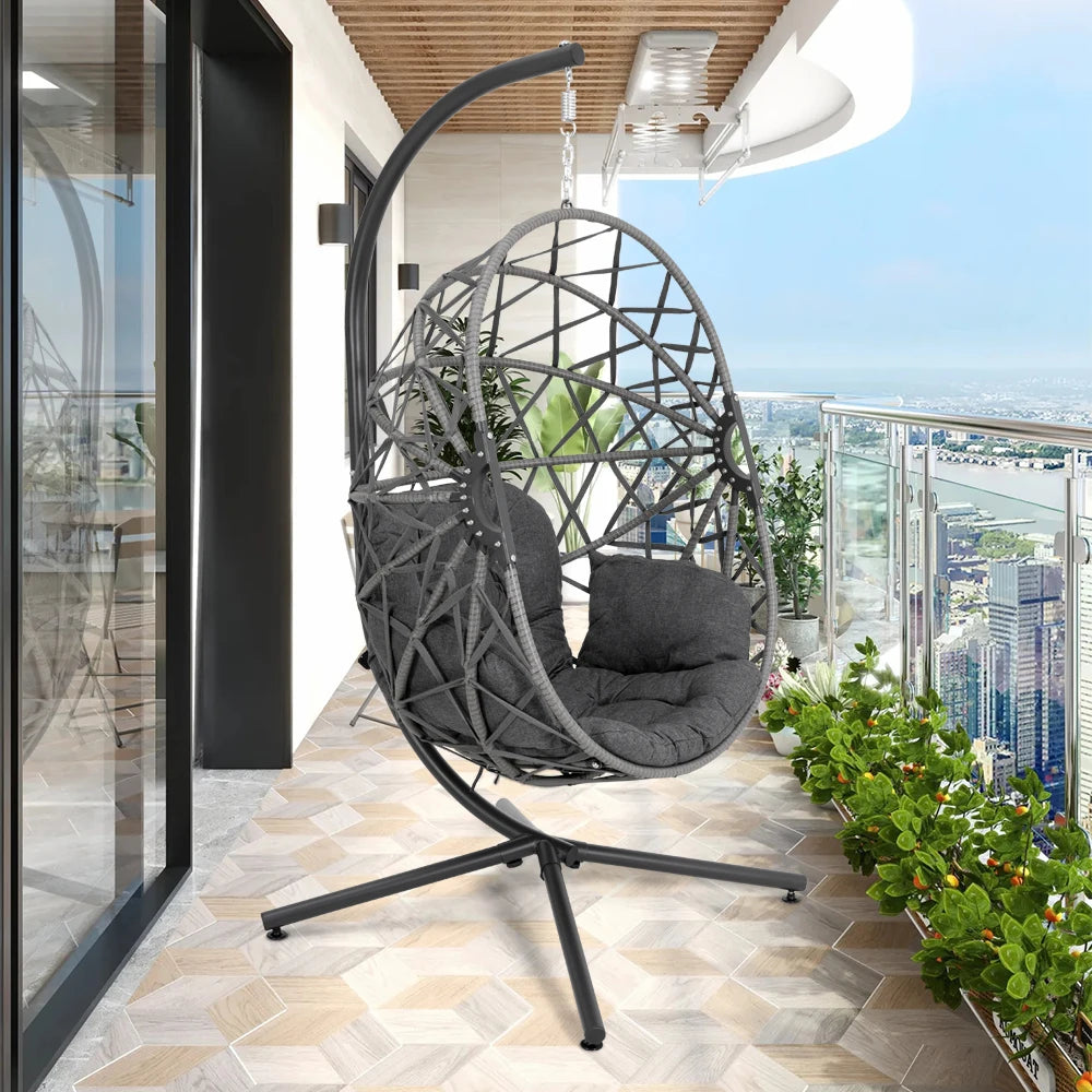 Woven Hanging Egg Chair - Indoor Outdoor Swing Chair with Stand and Cushions